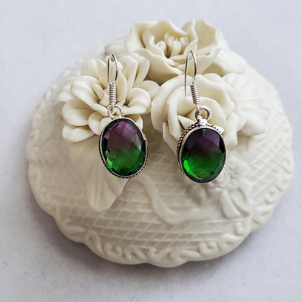 925 Sterling Bi-Color Purple Green Fluorite Earrings NWOT Artisan - Picture 9 of 14